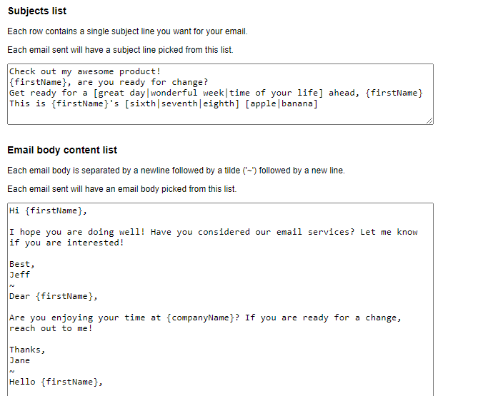 Supporting both spintax and custom lead list fields for subject and email body.